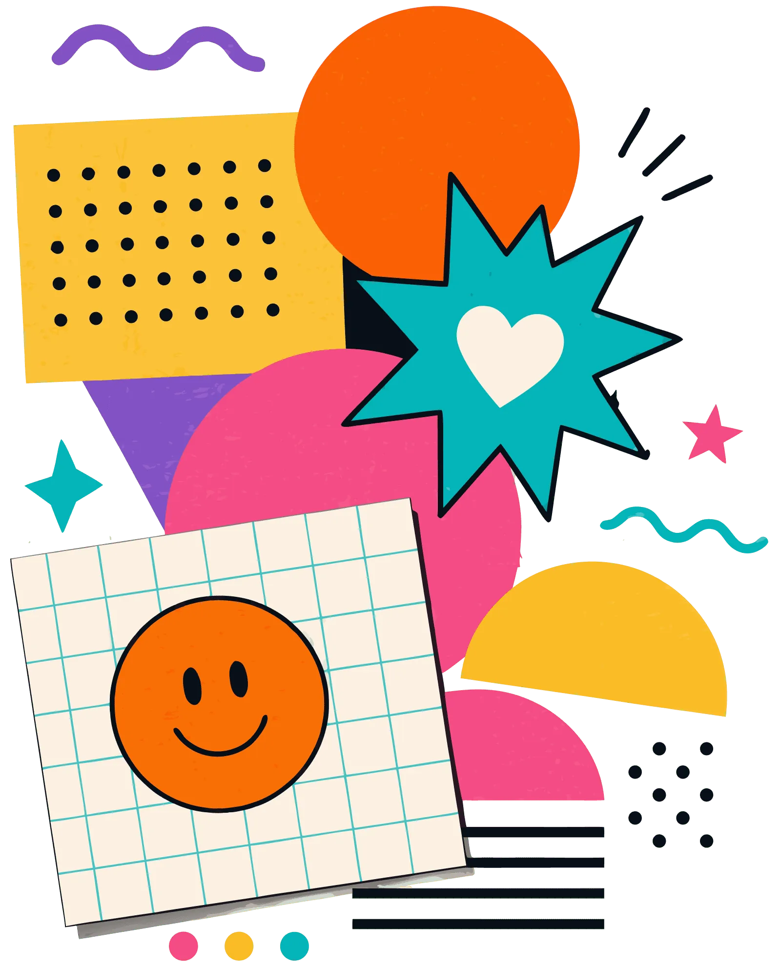 Playful collage of shapes, a smiley face on grid paper, stars and a heart burst