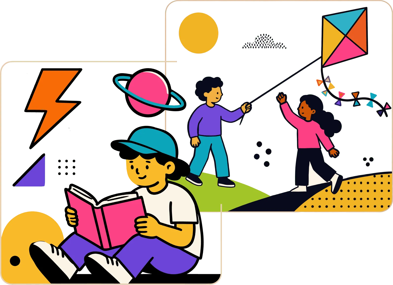 Two illustrated scenes: a child reading a book, and two children flying a kite outdoors